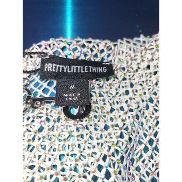 PrettyLittleThing White Diamante Cowl Neck Mesh Dress Medium - Picture 3 of 4